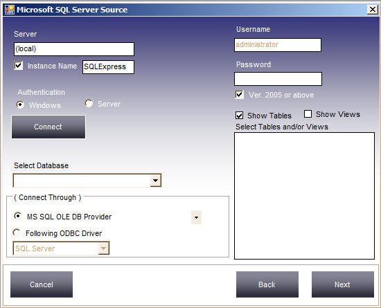 MSSQL Server Source Connection screen in Data Loader