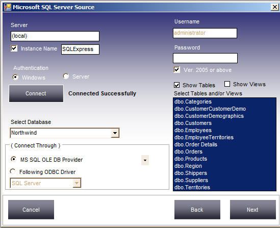 Select MSSQL Tables to convert