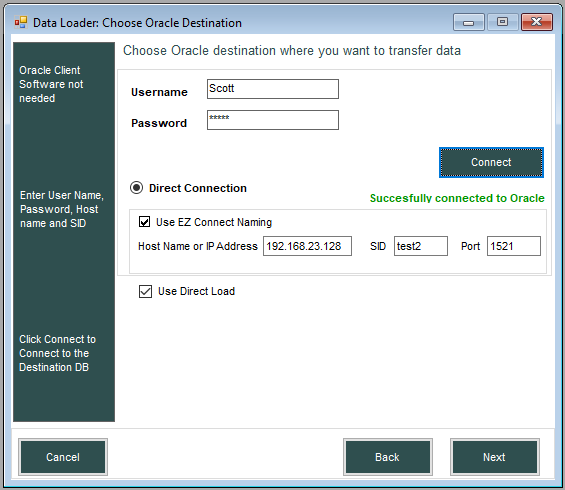 connect to oracle from data loader