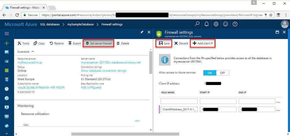 Add client IP to Azure server firewall