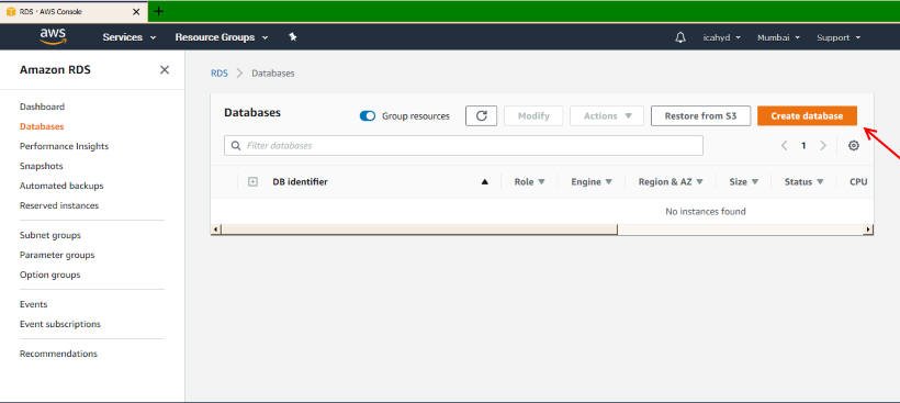 Create database in Amazon AWS RDS
