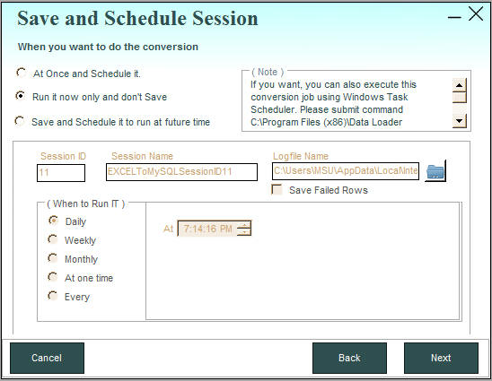 Data Loader schedule Excel to MySQL transfer
