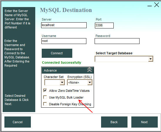 Disable Bulk Loading in Data Loader MySQL destination