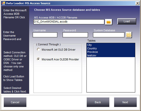 Select MS Access database tables for conversion