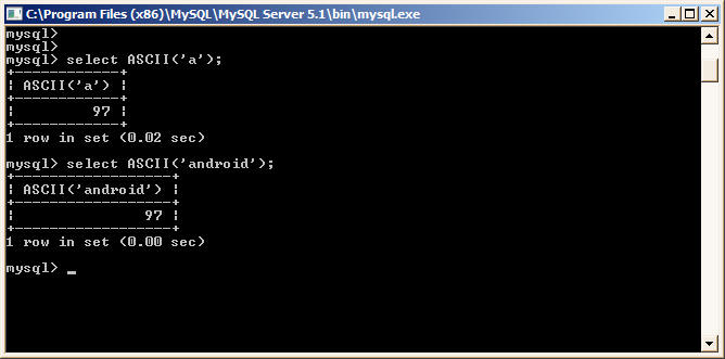 ASCII Function in MySQL