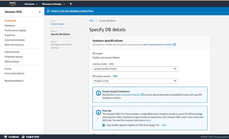 AWS MySQL database details