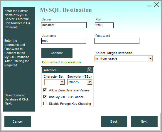 MySQL target database