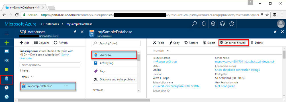 Set server firewall rule in Azure