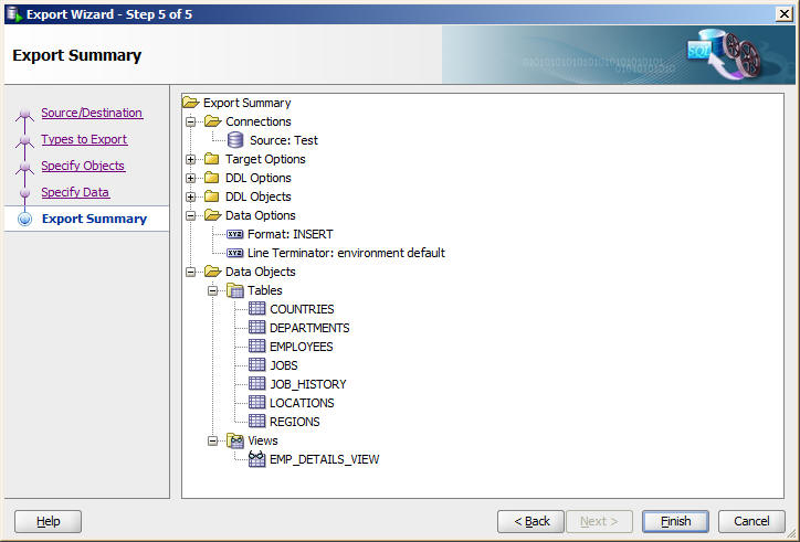 SQL Developer export summary