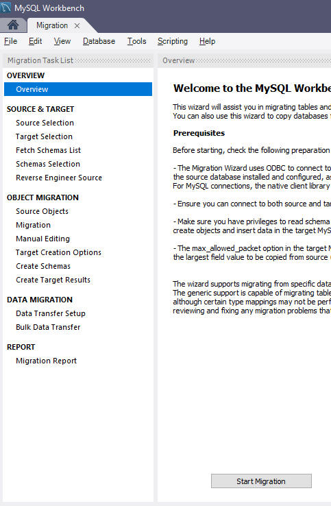 Start migration wizard