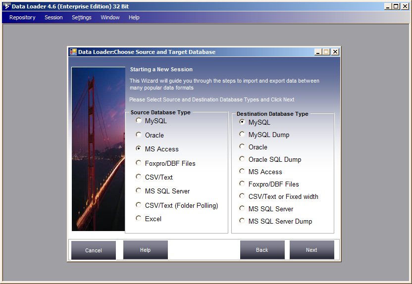 Data Loader source and target database type selection