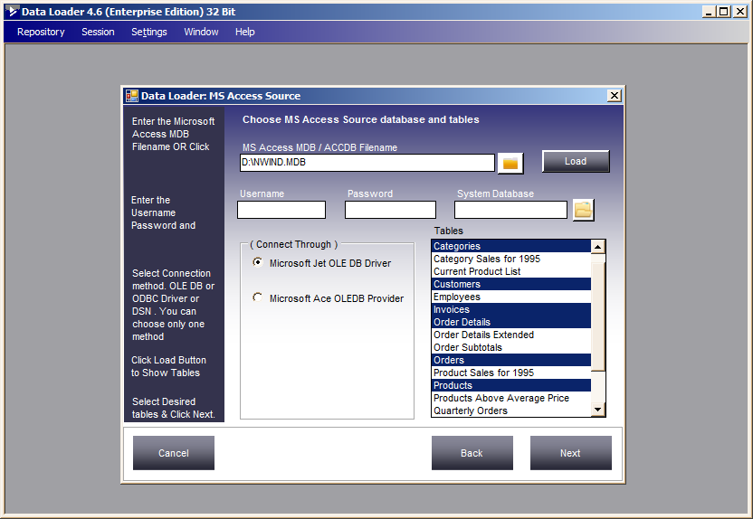 Selecting source tables for conversion in Data Loader