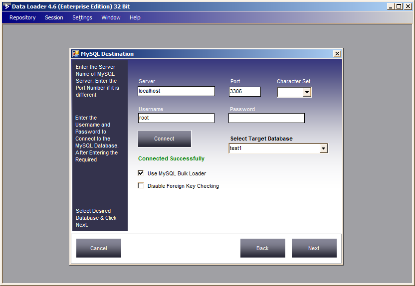 Selecting target MySQL database in Data Loader