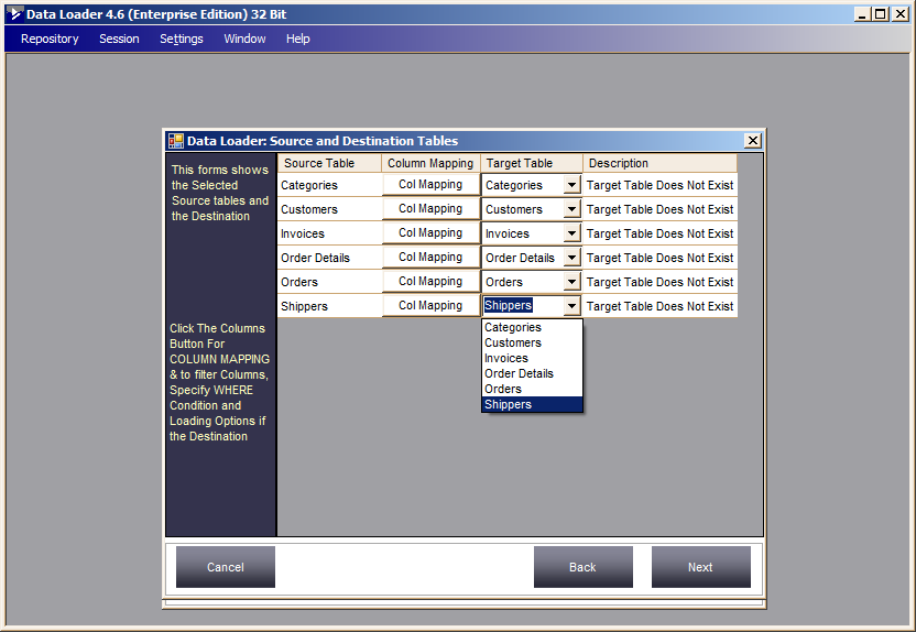 Source and target tables with Columns button