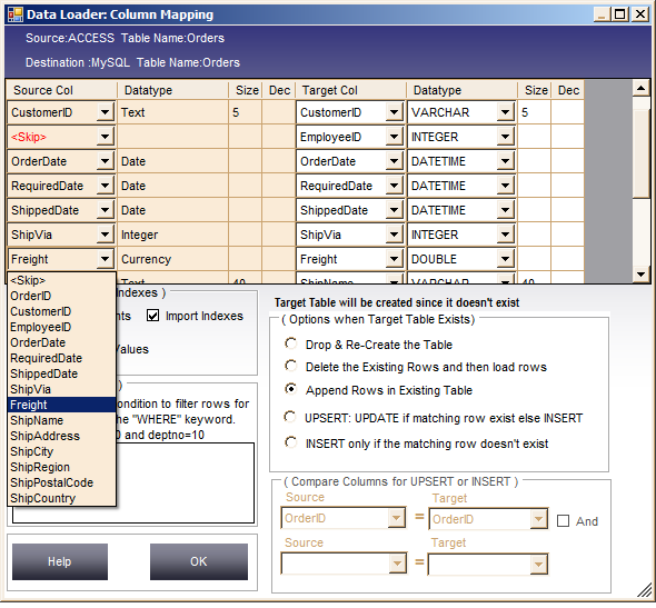 Column mapping window for Orders table