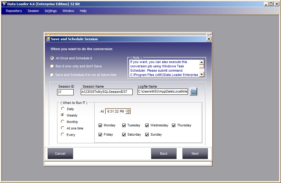 Save and schedule session in Data Loader