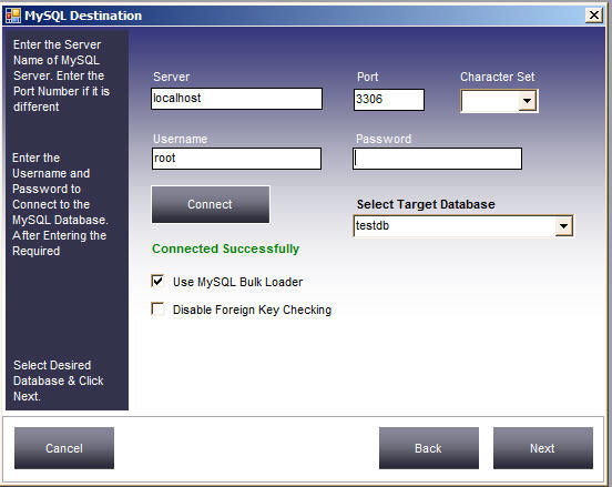 MySQL database destination