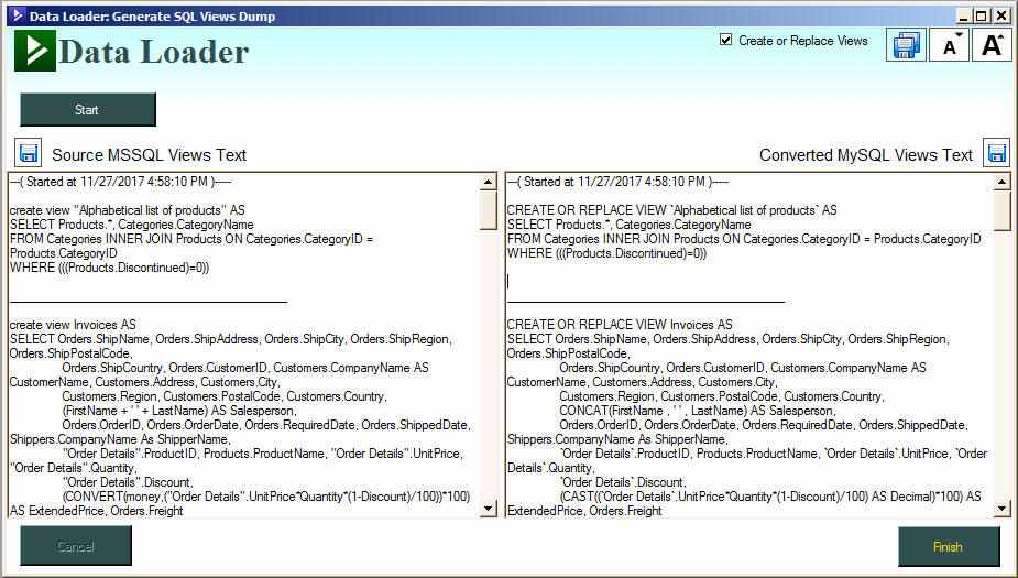 convert views and create sql dump file